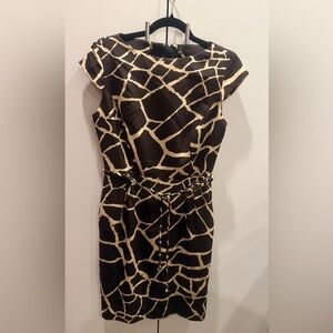 Carlisle Silk Pencil Dress Size 6 Brown tan giraffe animal print knotted rope